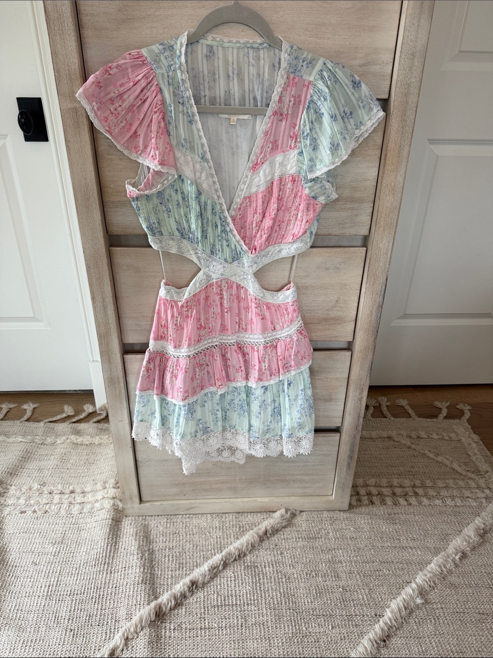 LoveShackFancy Pastel Patchwork Cutout Mini Dress in Pink & Light Blue